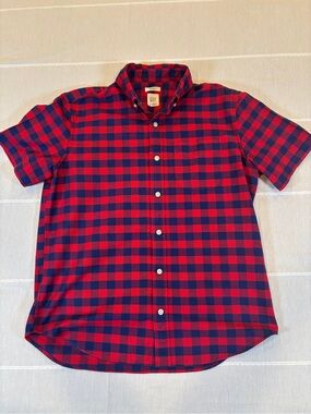 Gap Standard Fit Stretch Short Sleeve Flannel – Red/Navy Gingham